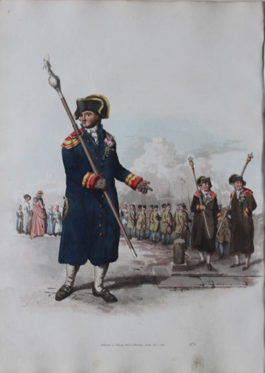 Beadle of the Church by WH Pyne 1808: This aquatint engraving of Beadle of the Church is from The Costumes of Great Britain designed, engraved and written by William Henry Pyne, published in 1808 by William Miller, London. Thiss is a rare