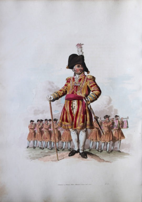 Sergeant Trumpeter by WH Pyne 1808: This aquatint engraving of Sergeant Trumpeter is from The Costumes of Great Britain designed, engraved and written by William Henry Pyne, published in 1808 by William Miller, London. Thiss is a rare o