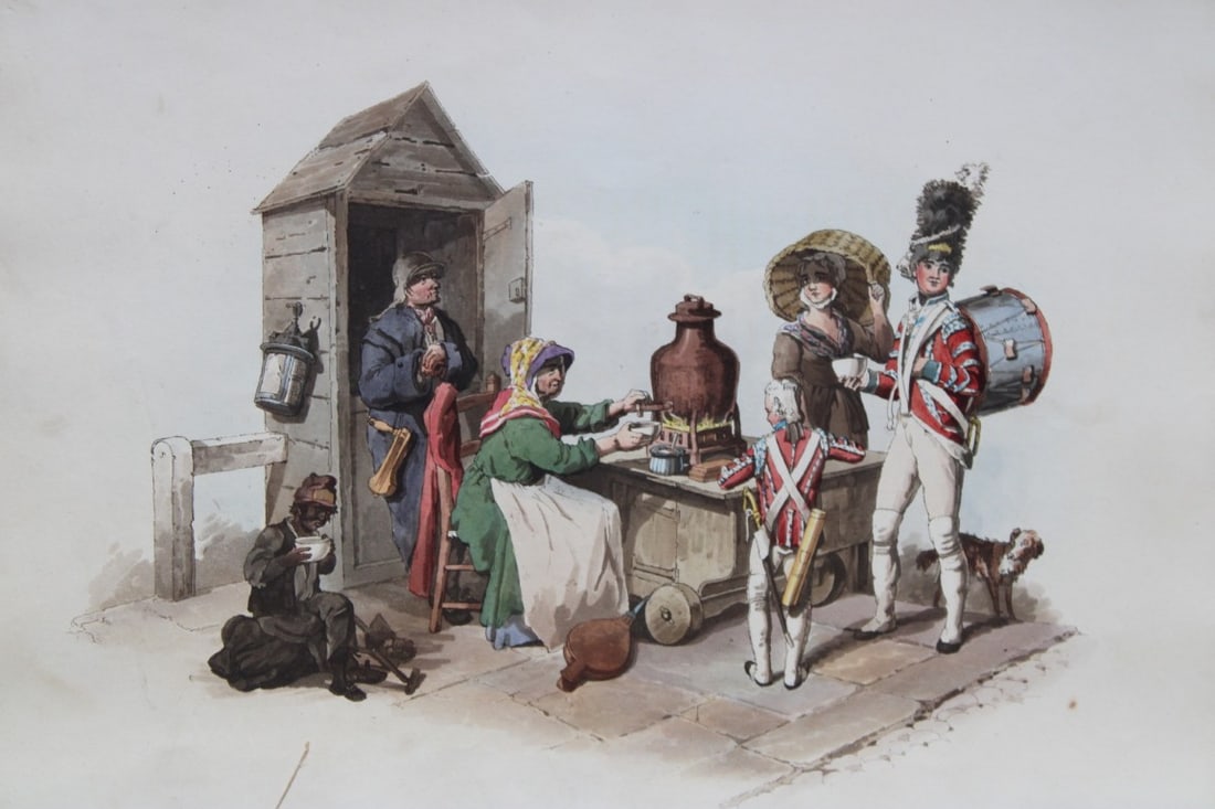 Woman selling Salop by WH Pyne 1808: This aquatint engraving of Woman selling Salop is from The Costumes of Great Britain designed, engraved and written by William Henry Pyne, published in 1808 by William Miller, London. Thiss is a rare