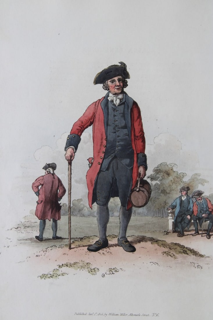 Chelsea Pensioner by WH Pyne 1808: This aquatint engraving of Chelsea Pensioner is from The Costumes of Great Britain designed, engraved and written by William Henry Pyne, published in 1808 by William Miller, London. Thiss is a rare or
