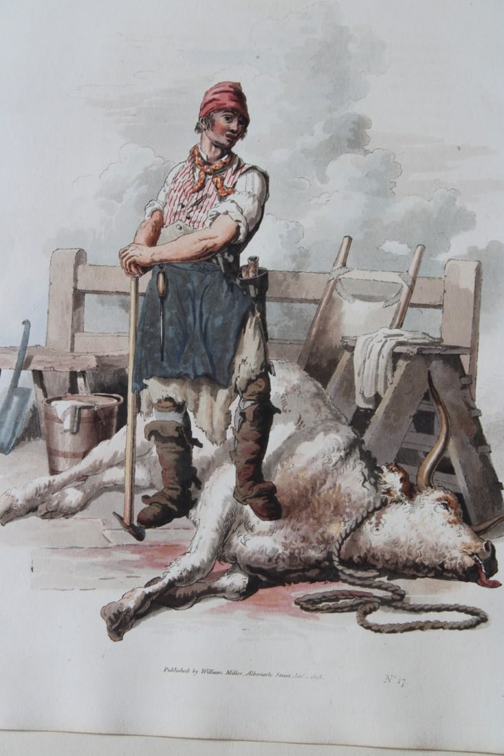 Slaughterman by WH Pyne 1808: This aquatint engraving of Slaughterman is from The Costumes of Great Britain designed, engraved and written by William Henry Pyne, published in 1808 by William Miller, London. Thiss is a rare origina