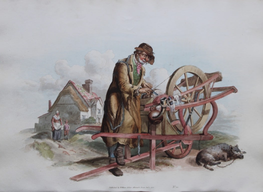 Knife Grinder by WH Pyne 1808: This aquatint engraving of Knife Grinder is from The Costumes of Great Britain designed, engraved and written by William Henry Pyne, published in 1808 by William Miller, London. Thiss is a rare origin