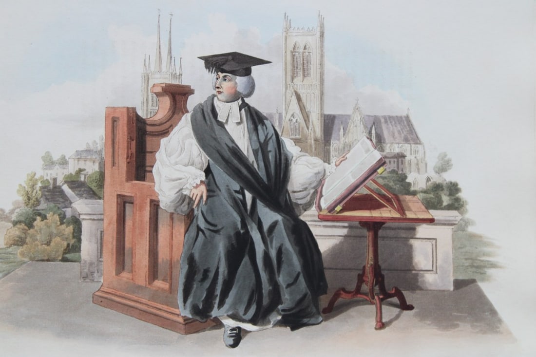 Bishop by WH Pyne 1808: This aquatint engraving of Bishop is from The Costumes of Great Britain designed, engraved and written by William Henry Pyne, published in 1808 by William Miller, London. Thiss is a rare original hand