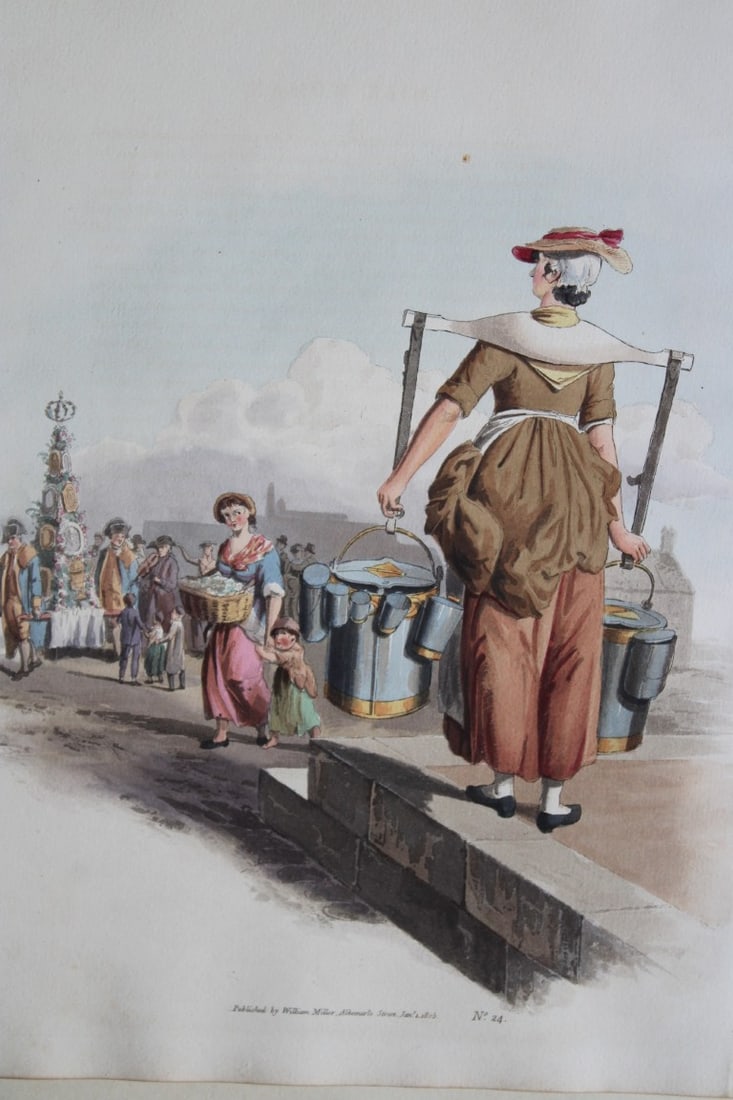 Milk Woman by WH Pyne 1808: This aquatint engraving of Milk Woman is from The Costumes of Great Britain designed, engraved and written by William Henry Pyne, published in 1808 by William Miller, London. Thiss is a rare original