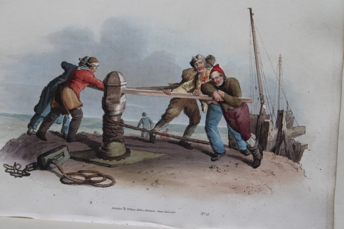Fisherman at a Capstan by WH Pyne 1808: This aquatint engraving of Fisherman at a Capstan is from The Costumes of Great Britain designed, engraved and written by William Henry Pyne, published in 1808 by William Miller, London. Thiss is a ra