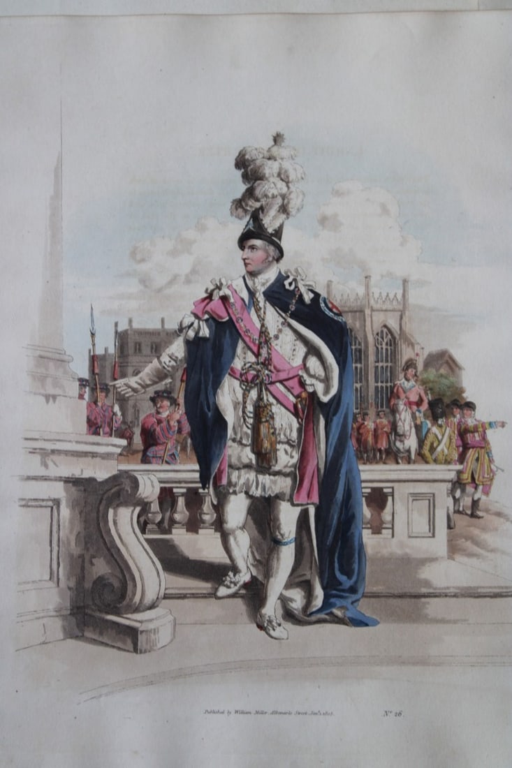 Knight of the Garter by WH Pyne 1808: This aquatint engraving of Knight of the Garter is from The Costumes of Great Britain designed, engraved and written by William Henry Pyne, published in 1808 by William Miller, London. Thiss is a rare