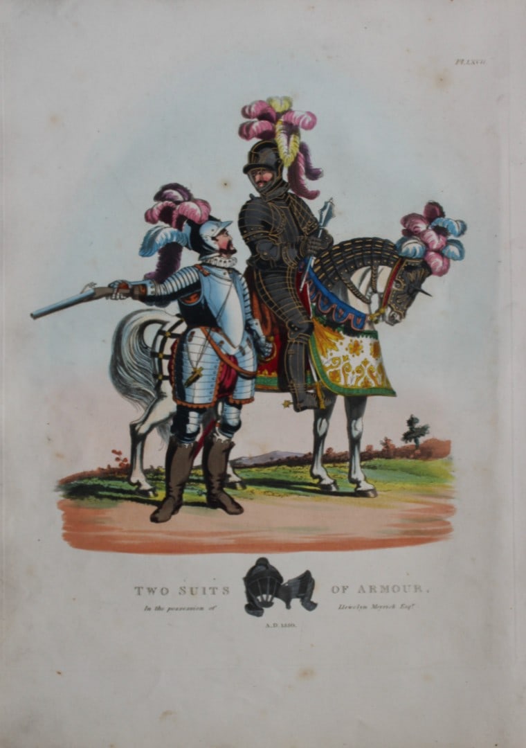 Two Suits of Armour by Samuel Meyrick 1842: This superb hand-coloured engraving of Two Suits of Armour by Samuel Meyrick 1842 from the 1842 enlarged folio edition of A Critical Inquiry into Antient Armour, as it existed in Europe, particularly