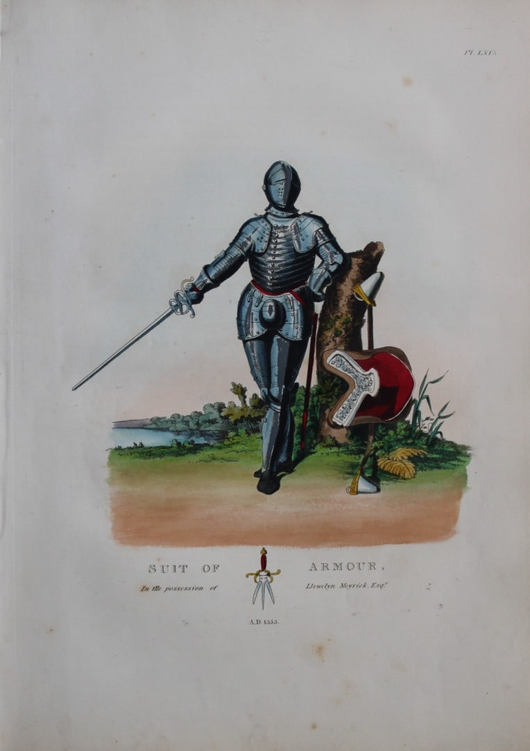 Suit of Armour by Samuel Meyrick 1842: This superb hand-coloured engraving of Suit of Armour by Samuel Meyrick 1842 from the 1842 enlarged folio edition of A Critical Inquiry into Antient Armour, as it existed in Europe, particularly in Gr