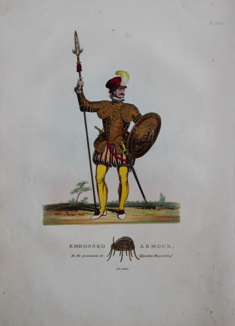 Embossed Armour by Samuel Meyrick 1842: This superb hand-coloured engraving of Embossed Armour by Samuel Meyrick 1842 from the 1842 enlarged folio edition of A Critical Inquiry into Antient Armour, as it existed in Europe, particularly in G