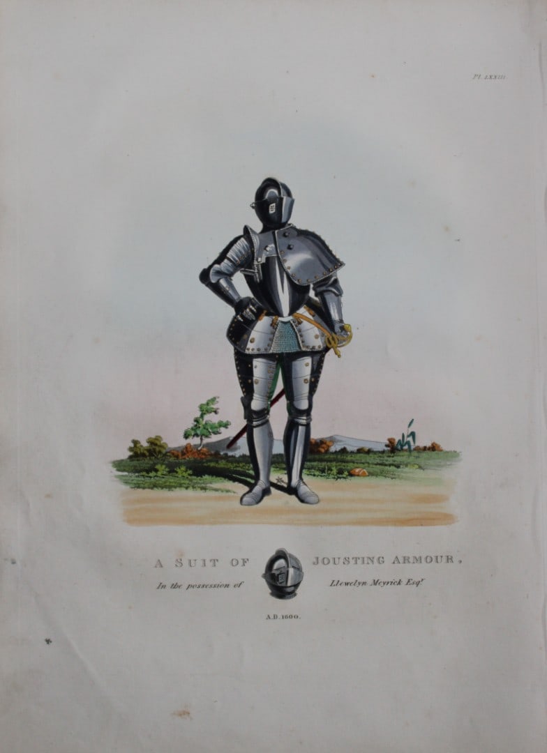 A Suit of Jousting Armour by Samuel Meyrick 1842: This superb hand-coloured engraving of A Suit of Jousting Armour by Samuel Meyrick 1842 from the 1842 enlarged folio edition of A Critical Inquiry into Antient Armour, as it existed in Europe, particu