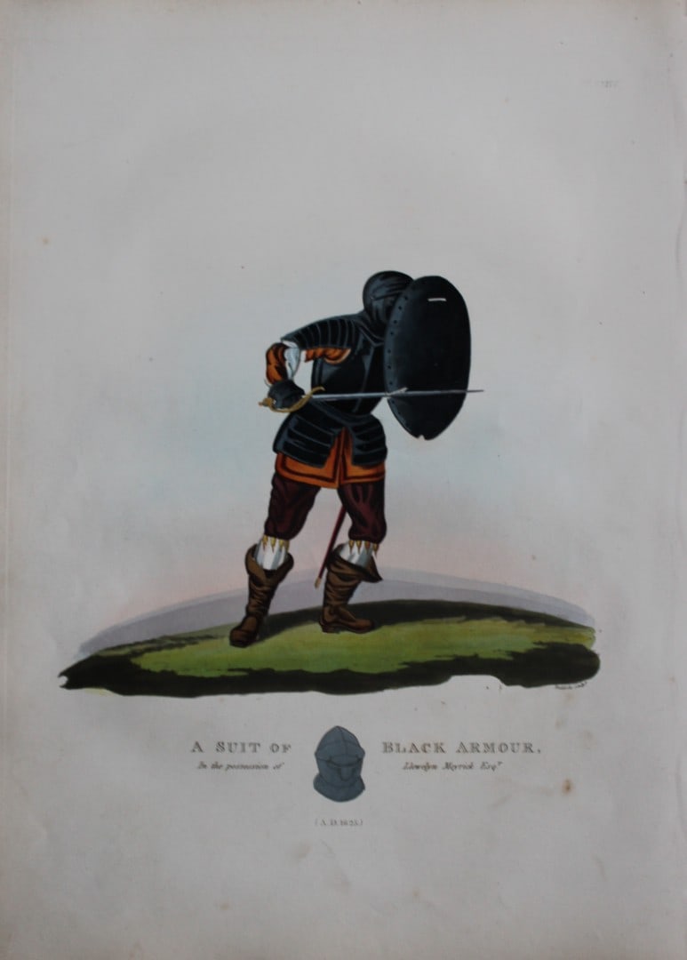 A Suit of Black Armour by Samuel Meyrick 1842: This superb hand-coloured engraving of A Suit of Black Armour by Samuel Meyrick 1842 from the 1842 enlarged folio edition of A Critical Inquiry into Antient Armour, as it existed in Europe, particular