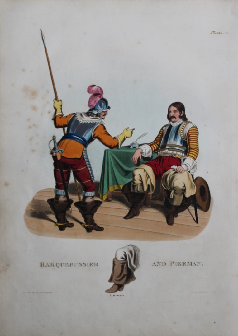 Harquebussier and Pikeman by Samuel Meyrick 1842: This superb hand-coloured engraving of Harquebussier and Pikeman by Samuel Meyrick 1842 from the 1842 enlarged folio edition of A Critical Inquiry into Antient Armour, as it existed in Europe, particu