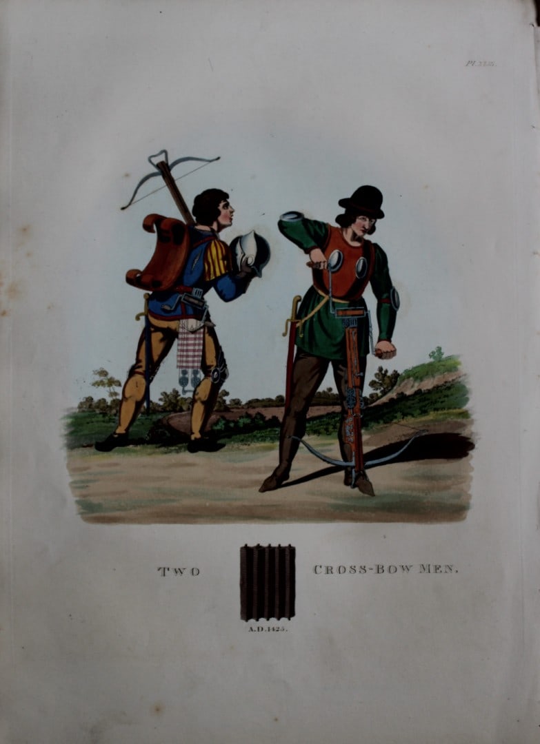 Two Crossbow Men by Samuel Meyrick 1842: This superb hand-coloured engraving of Two Crossbow Men by Samuel Meyrick 1842 from the 1842 enlarged folio edition of A Critical Inquiry into Antient Armour, as it existed in Europe, particularly in