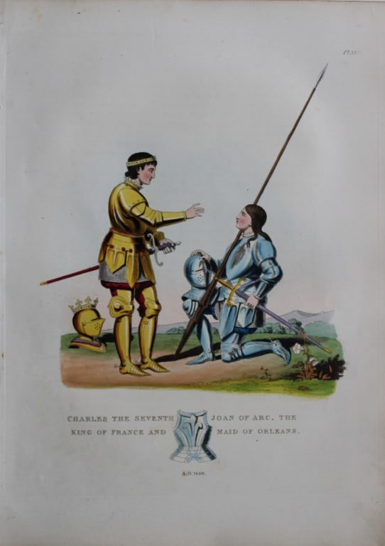 Charles VII and Joan of Arc by Samuel Meyrick 1842: This superb hand-coloured engraving of Charles VII and Joan of Arc by Samuel Meyrick 1842 from the 1842 enlarged folio edition of A Critical Inquiry into Antient Armour, as it existed in Europe, parti