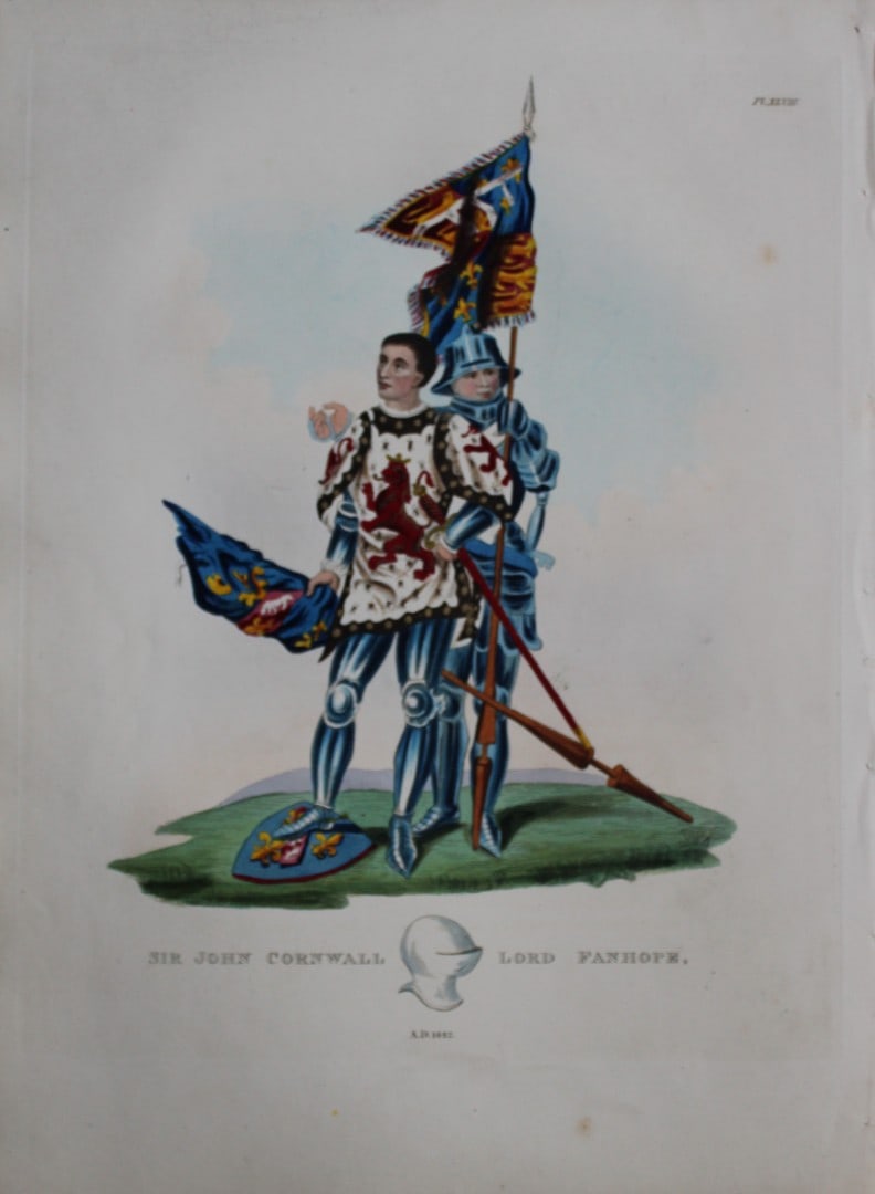 Sir John Cornwall by Samuel Meyrick 1842: This superb hand-coloured engraving of Sir John Cornwall by Samuel Meyrick 1842 from the 1842 enlarged folio edition of A Critical Inquiry into Antient Armour, as it existed in Europe, particularly in