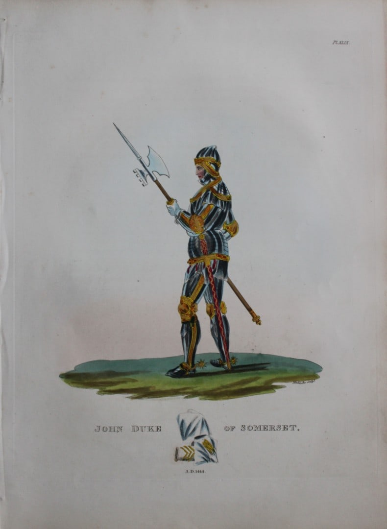 John Duke of Somerset by Samuel Meyrick 1842: This superb hand-coloured engraving of John Duke of Somerset by Samuel Meyrick 1842 from the 1842 enlarged folio edition of A Critical Inquiry into Antient Armour, as it existed in Europe, particularl