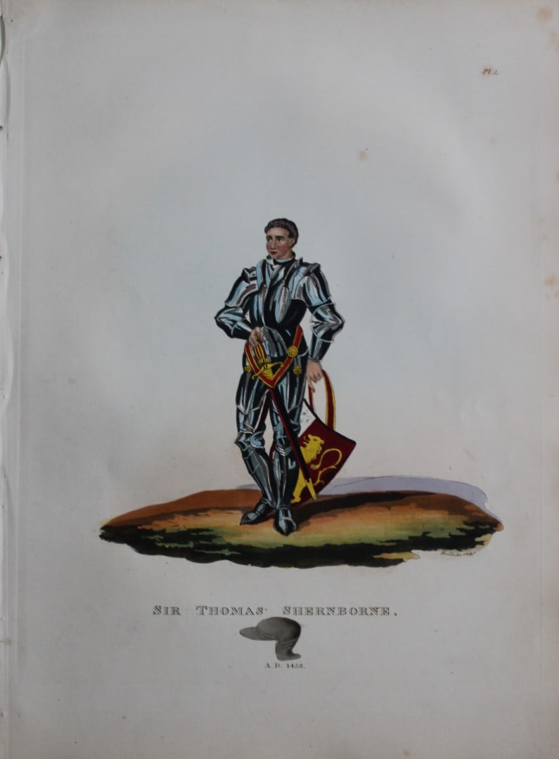 Sir Thomas Shernborne by Samuel Meyrick 1842: This superb hand-coloured engraving of Sir Thomas Shernborne by Samuel Meyrick 1842 from the 1842 enlarged folio edition of A Critical Inquiry into Antient Armour, as it existed in Europe, particularl