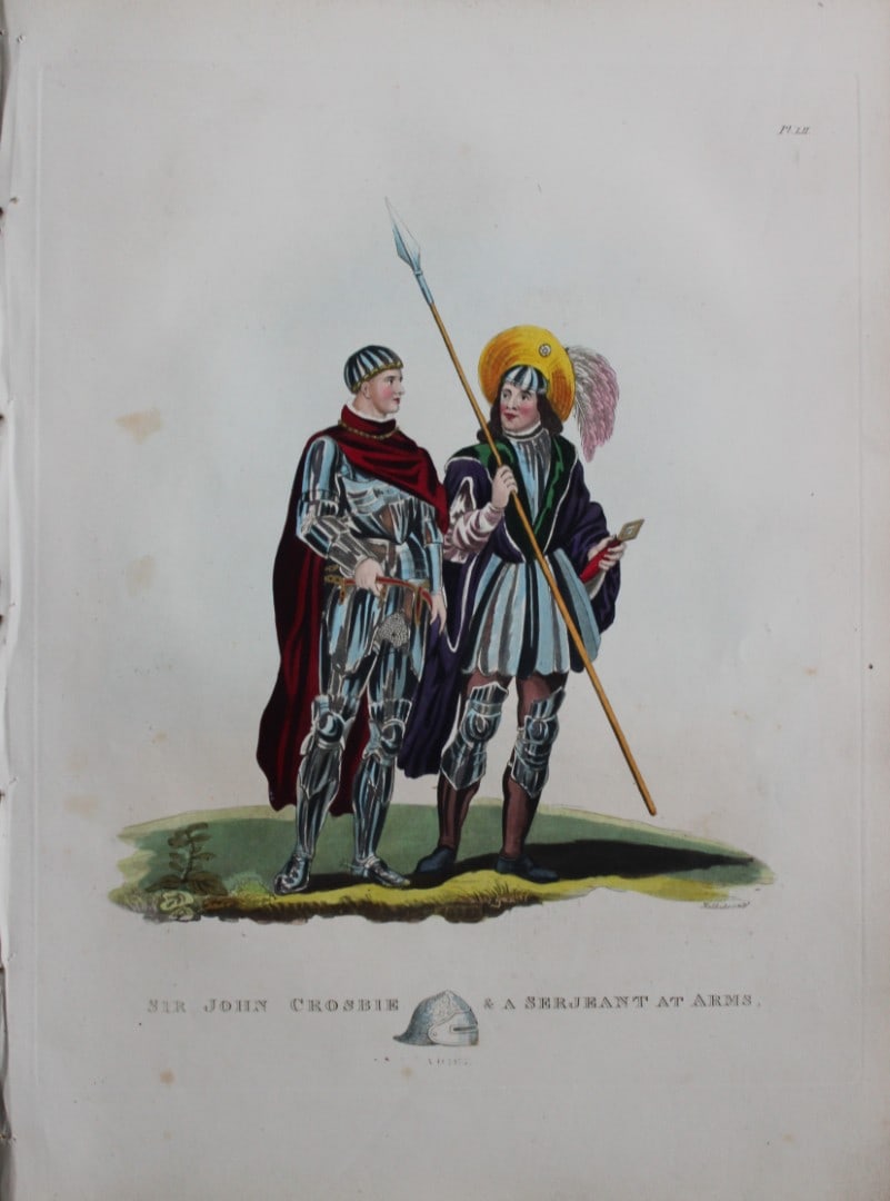 Sir John Crosbie by Samuel Meyrick 1842: This superb hand-coloured engraving of Sir John Crosbie by Samuel Meyrick 1842 from the 1842 enlarged folio edition of A Critical Inquiry into Antient Armour, as it existed in Europe, particularly in