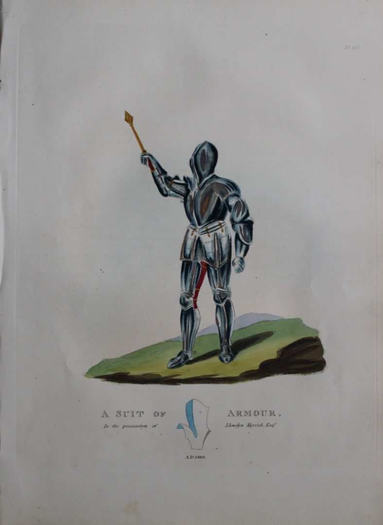 A Suit of Armour by Samuel Meyrick 1842: This superb hand-coloured engraving of A Suit of Armour by Samuel Meyrick 1842 from the 1842 enlarged folio edition of A Critical Inquiry into Antient Armour, as it existed in Europe, particularly in