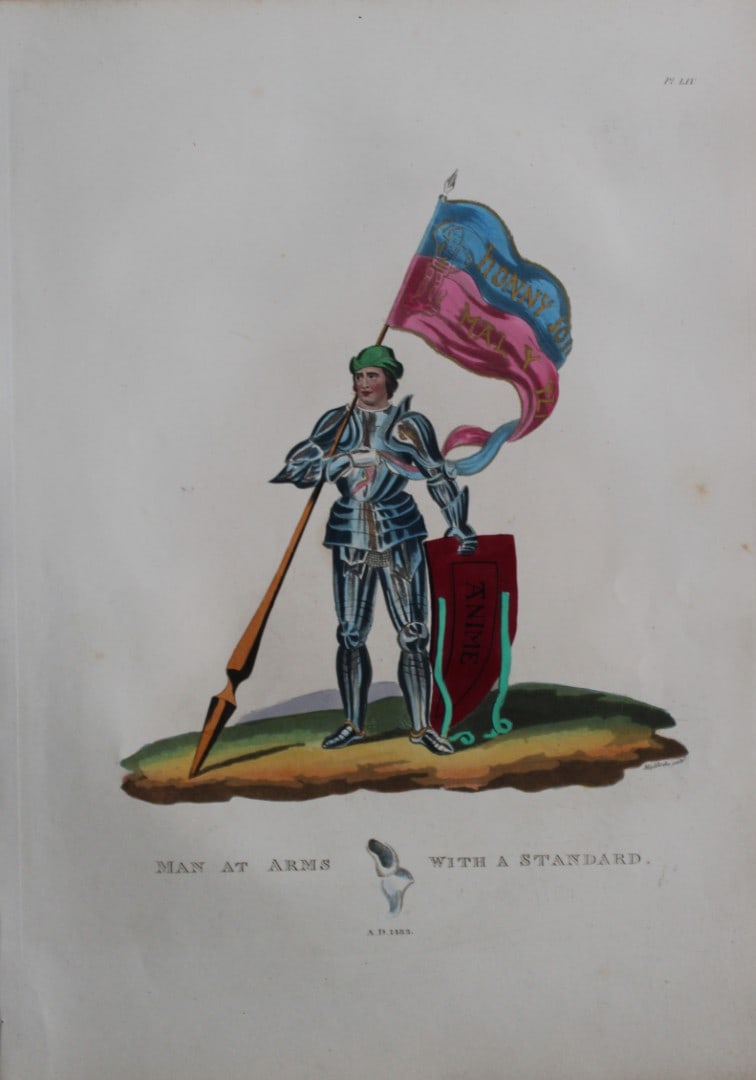 Man at Arms with a Standard by Samuel Meyrick 1842: This superb hand-coloured engraving of Man at Arms with a Standard by Samuel Meyrick 1842 from the 1842 enlarged folio edition of A Critical Inquiry into Antient Armour, as it existed in Europe, parti