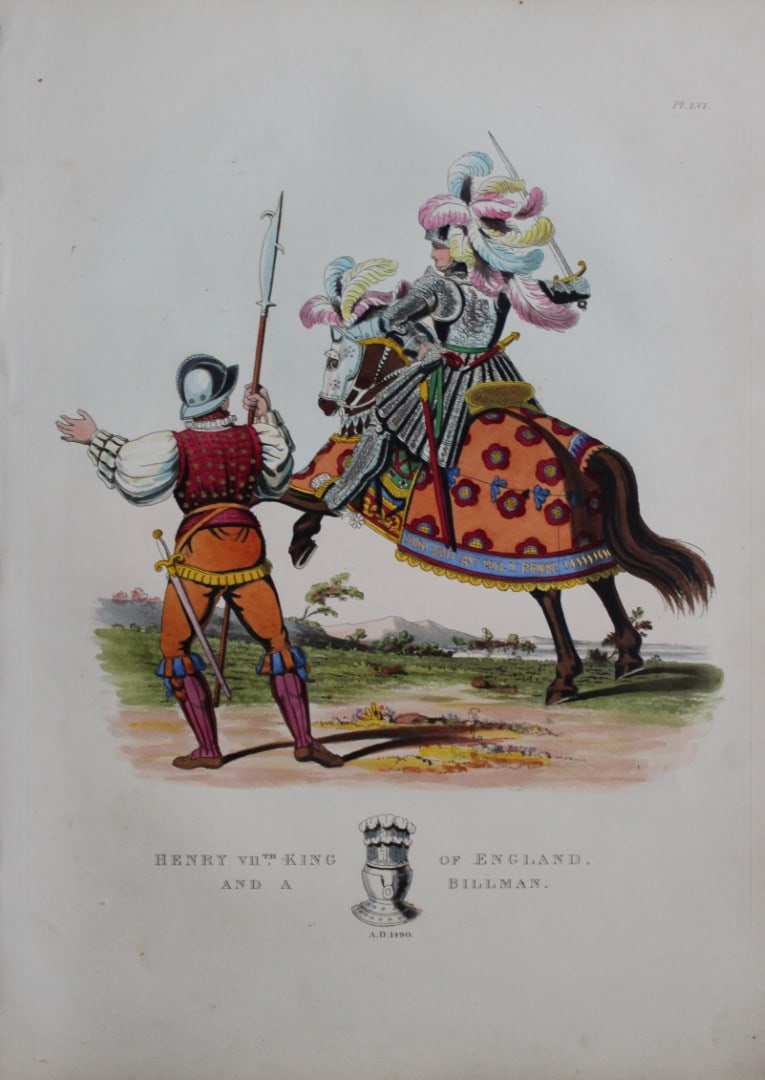 Henry VII King of England by Samuel Meyrick 1842: This superb hand-coloured engraving of Henry VII King of England by Samuel Meyrick 1842 from the 1842 enlarged folio edition of A Critical Inquiry into Antient Armour, as it existed in Europe, particu