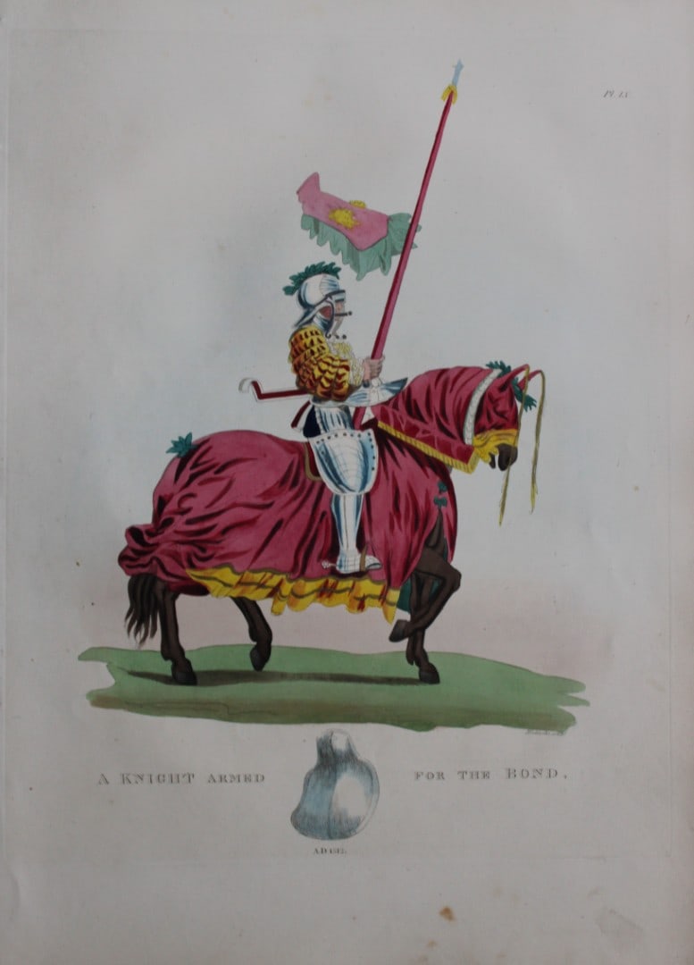 A Knight armed for the Bond by Samuel Meyrick 1842: This superb hand-coloured engraving of A Knight armed for the Bond by Samuel Meyrick 1842 from the 1842 enlarged folio edition of A Critical Inquiry into Antient Armour, as it existed in Europe, parti