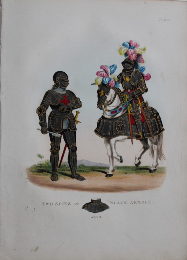 Two Suits of Black Armour by Samuel Meyrick 1842: This superb hand-coloured engraving of Two Suits of Black Armour by Samuel Meyrick 1842 from the 1842 enlarged folio edition of A Critical Inquiry into Antient Armour, as it existed in Europe, particu