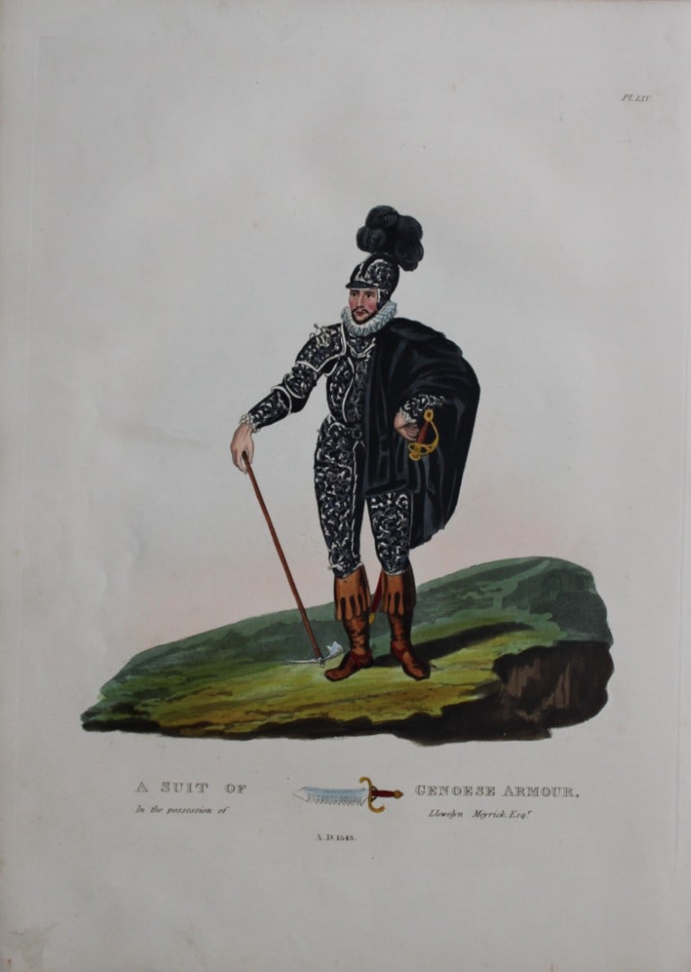 A Suit of Genoese Armour by Samuel Meyrick 1842: This superb hand-coloured engraving of A Suit of Genoese Armour by Samuel Meyrick 1842 from the 1842 enlarged folio edition of A Critical Inquiry into Antient Armour, as it existed in Europe, particul