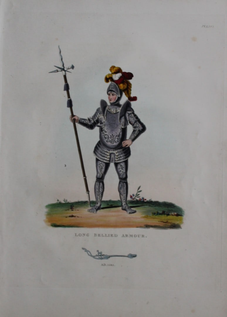 Long Bellied Armour by Samuel Meyrick 1842: This superb hand-coloured engraving of Long Bellied Armour by Samuel Meyrick 1842 from the 1842 enlarged folio edition of A Critical Inquiry into Antient Armour, as it existed in Europe, particularly