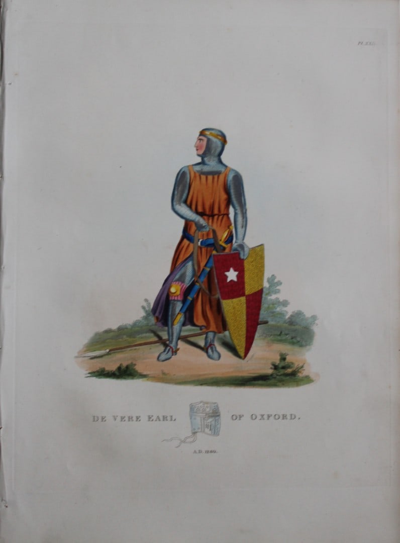 De Vere Earl of Oxford by Samuel Meyrick 1842: This superb hand-coloured engraving of De Vere Earl of Oxford by Samuel Meyrick 1842 from the 1842 enlarged folio edition of A Critical Inquiry into Antient Armour, as it existed in Europe, particular