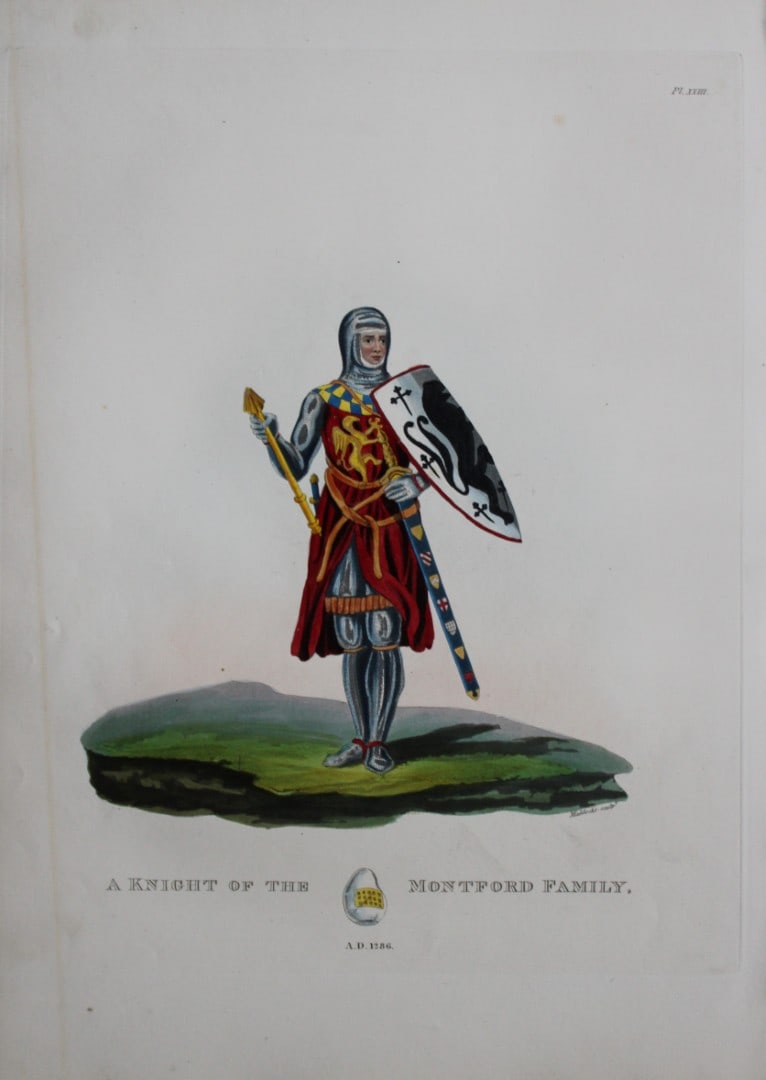 A Knight of the Montford Family by Samuel Meyrick 1842: This superb hand-coloured engraving of A Knight of the Montford Family by Samuel Meyrick 1842 from the 1842 enlarged folio edition of A Critical Inquiry into Antient Armour, as it existed in Europe, p