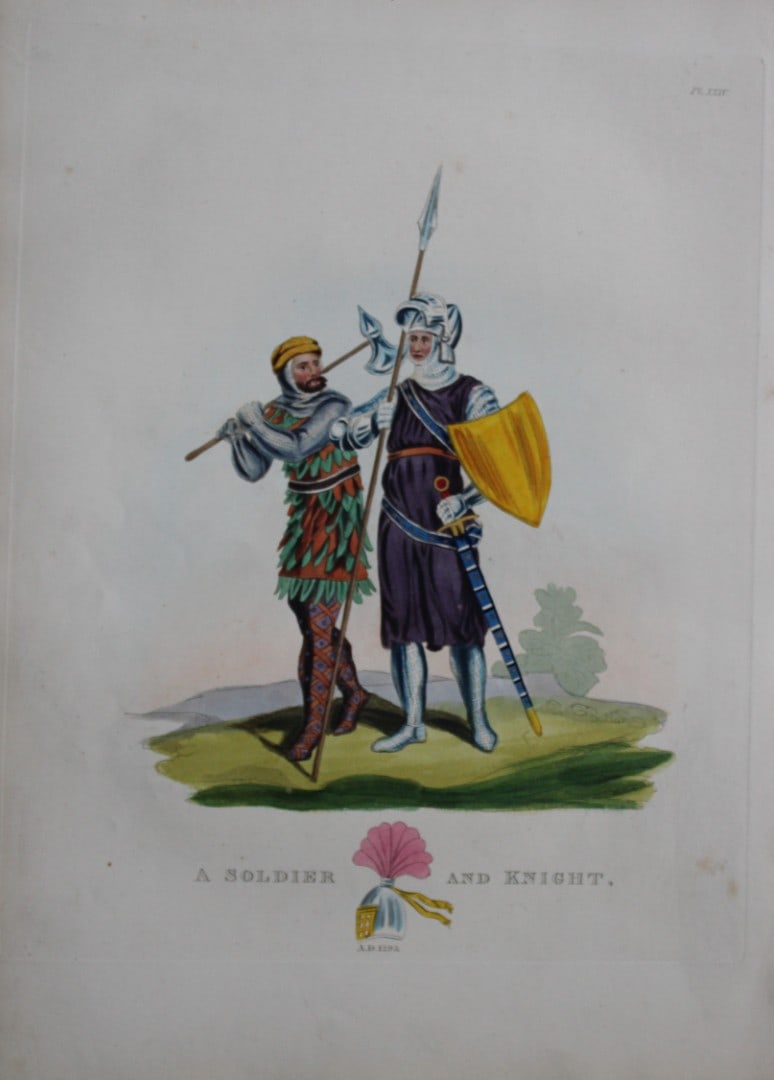 A Soldier and Knight by Samuel Meyrick 1842: This superb hand-coloured engraving of A Soldier and Knight by Samuel Meyrick 1842 from the 1842 enlarged folio edition of A Critical Inquiry into Antient Armour, as it existed in Europe, particularly