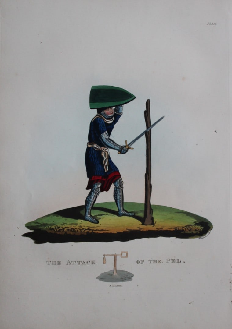 The Attack of the Pel by Samuel Meyrick 1842: This superb hand-coloured engraving of The Attack of the Pel by Samuel Meyrick 1842 from the 1842 enlarged folio edition of A Critical Inquiry into Antient Armour, as it existed in Europe, particularl