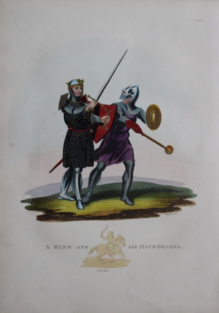 A King and his Mace-bearer by Samuel Meyrick 1842: This superb hand-coloured engraving of A King and his Mace-bearer by Samuel Meyrick 1842 from the 1842 enlarged folio edition of A Critical Inquiry into Antient Armour, as it existed in Europe, partic