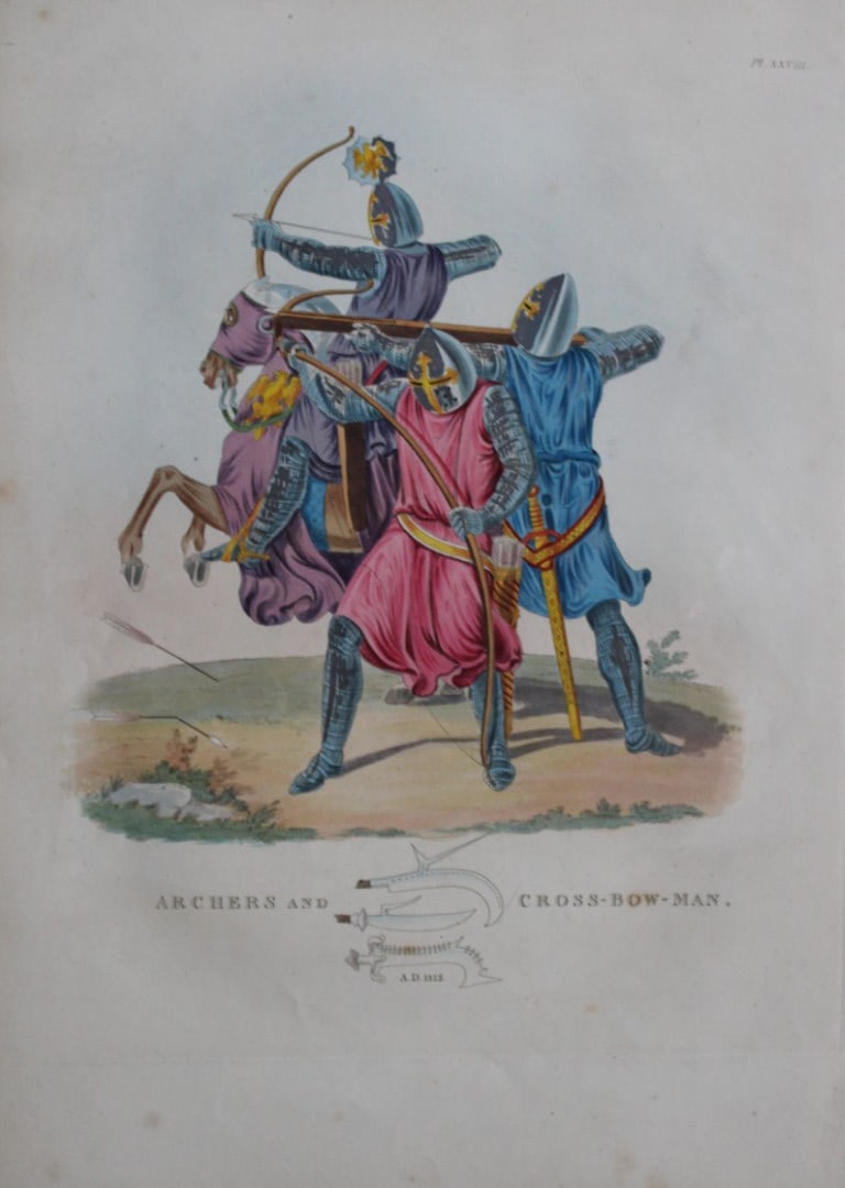 Archers and Crossbow Man by Samuel Meyrick 1842: This superb hand-coloured engraving of Archers and Crossbow Man by Samuel Meyrick 1842 from the 1842 enlarged folio edition of A Critical Inquiry into Antient Armour, as it existed in Europe, particul