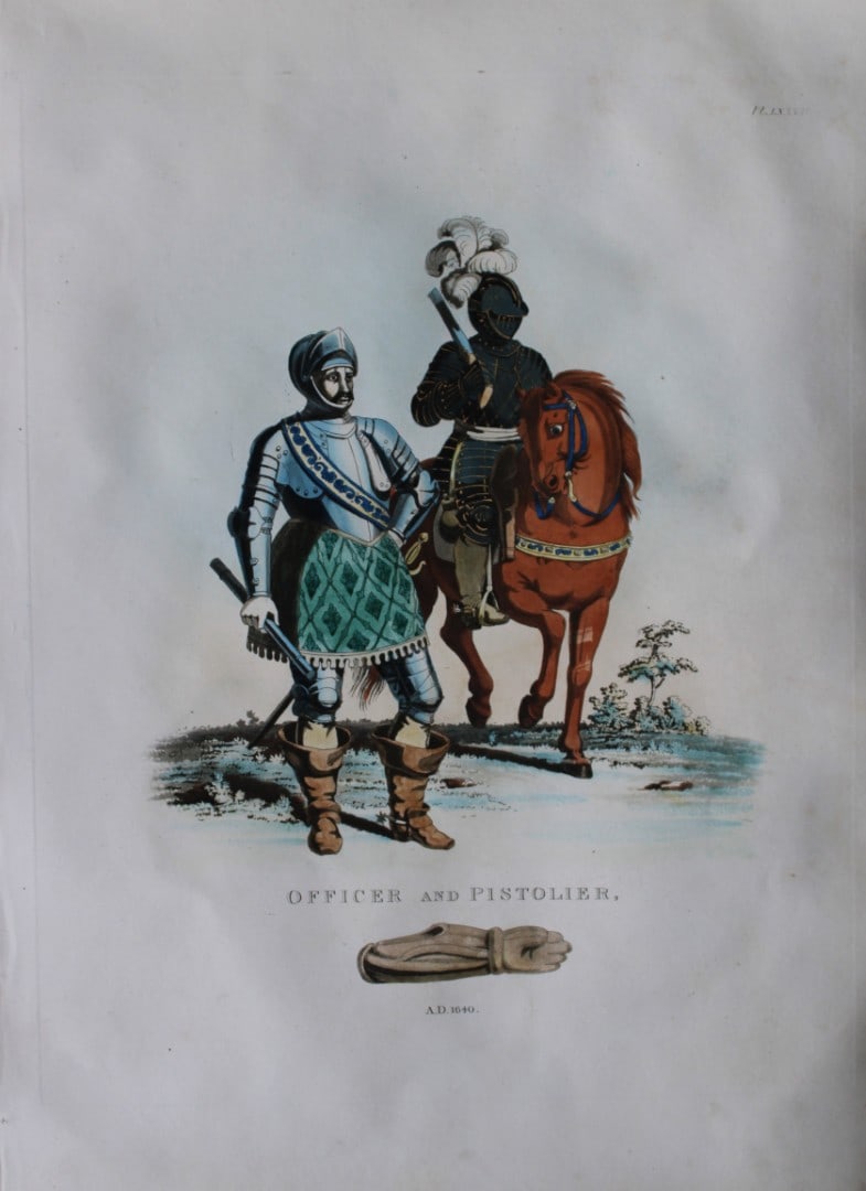 Officer and Pistolier by Samuel Meyrick 1842: This superb hand-coloured engraving of Officer and Pistolier by Samuel Meyrick 1842 from the 1842 enlarged folio edition of A Critical Inquiry into Antient Armour, as it existed in Europe, particularl