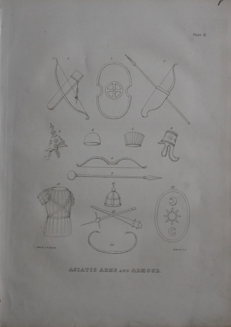 Asiatic Arms and Armour by Samuel Meyrick 1842: This superb hand-coloured engraving of Asiatic Arms and Armour by Samuel Meyrick 1842 from the 1842 enlarged folio edition of A Critical Inquiry into Antient Armour, as it existed in Europe, particula