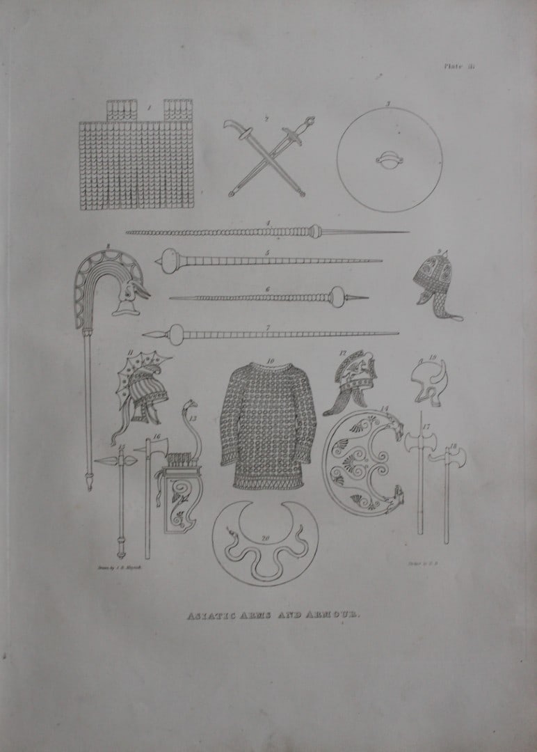 Asiatic Arms and Armour by Samuel Meyrick 1842: This superb hand-coloured engraving of Asiatic Arms and Armour by Samuel Meyrick 1842 from the 1842 enlarged folio edition of A Critical Inquiry into Antient Armour, as it existed in Europe, particula