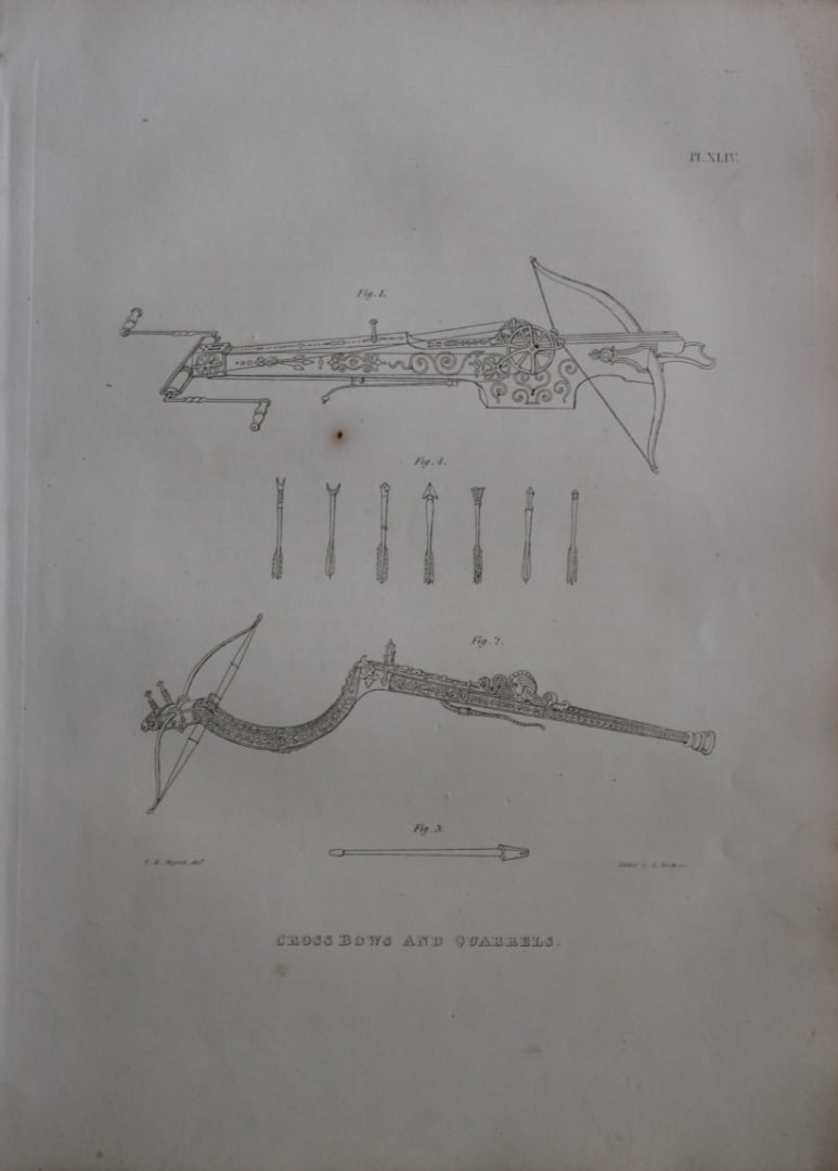 Crossbows and Quarrels by Samuel Meyrick 1842: This superb hand-coloured engraving of Crossbows and Quarrels by Samuel Meyrick 1842 from the 1842 enlarged folio edition of A Critical Inquiry into Antient Armour, as it existed in Europe, particular