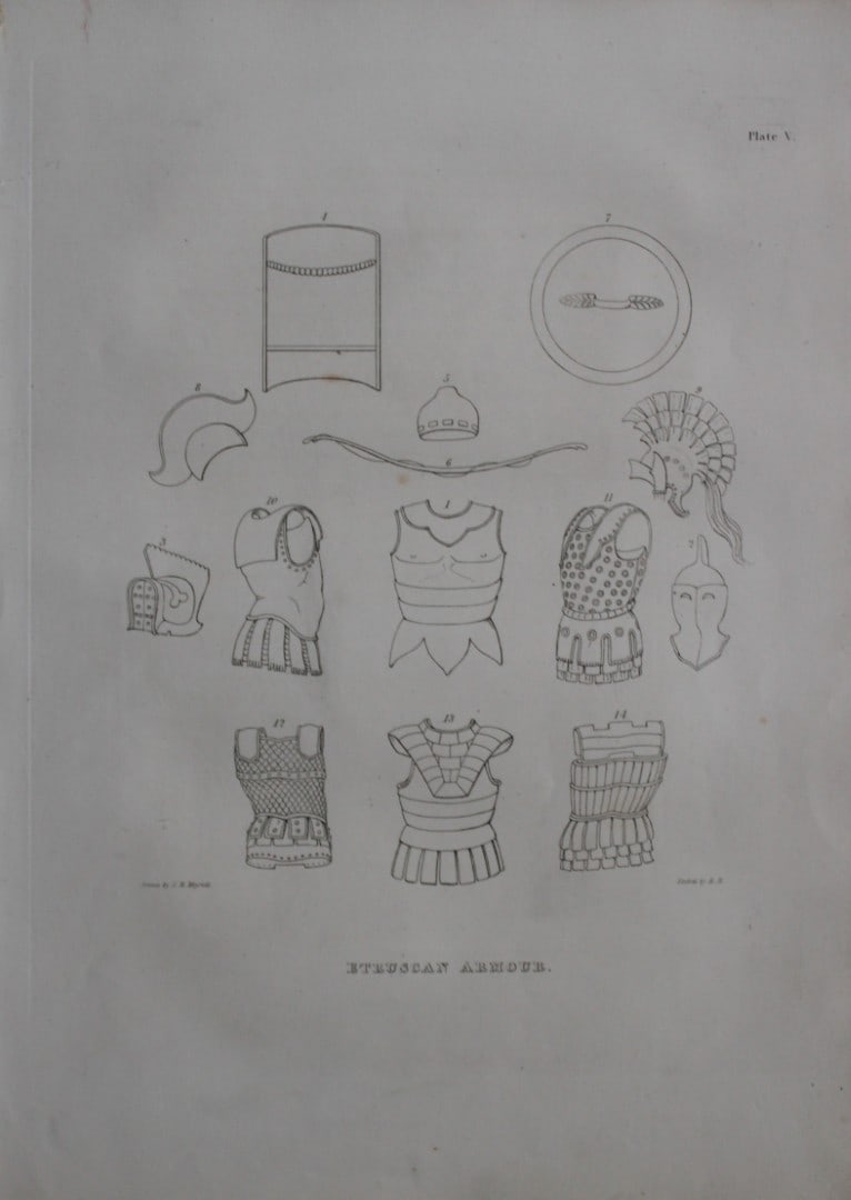 Etruscan Armour by Samuel Meyrick 1842: This superb hand-coloured engraving of Etruscan Armour by Samuel Meyrick 1842 from the 1842 enlarged folio edition of A Critical Inquiry into Antient Armour, as it existed in Europe, particularly in G