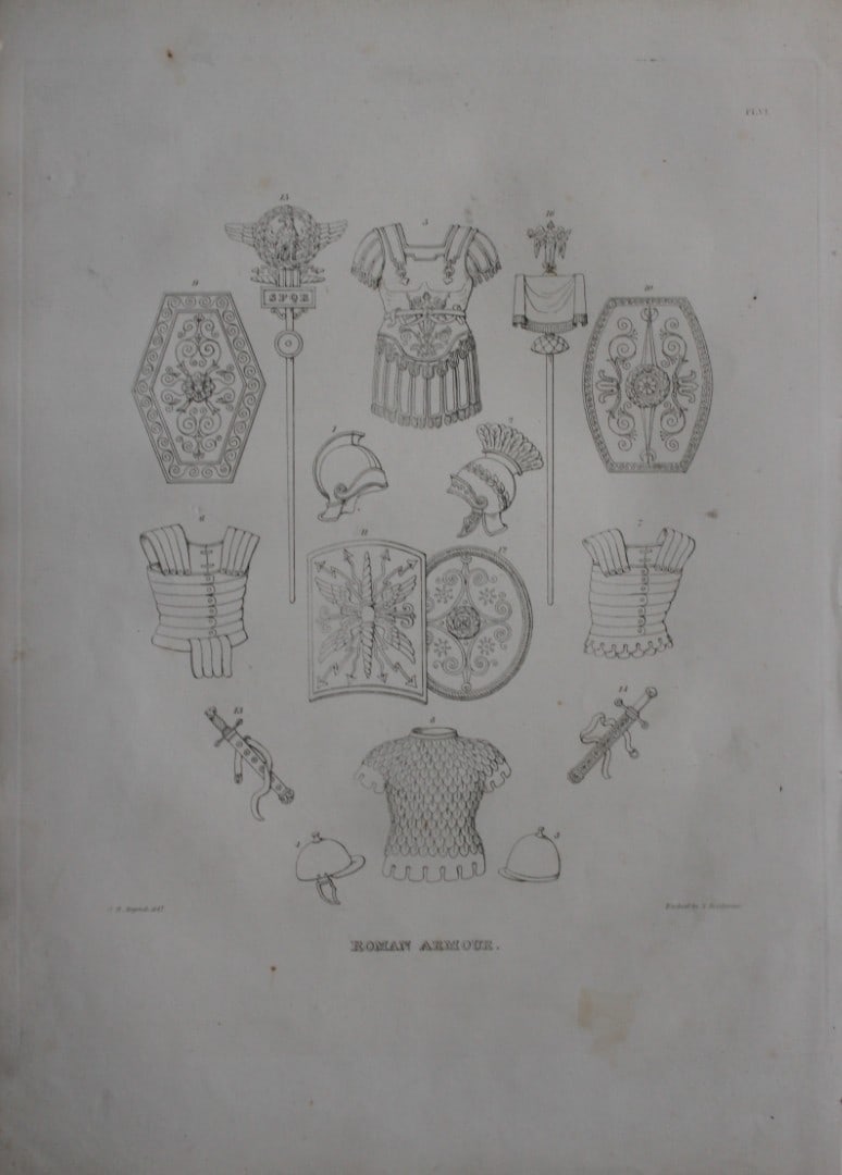 Roman Armour by Samuel Meyrick 1842: This superb hand-coloured engraving of Roman Armour by Samuel Meyrick 1842 from the 1842 enlarged folio edition of A Critical Inquiry into Antient Armour, as it existed in Europe, particularly in Grea