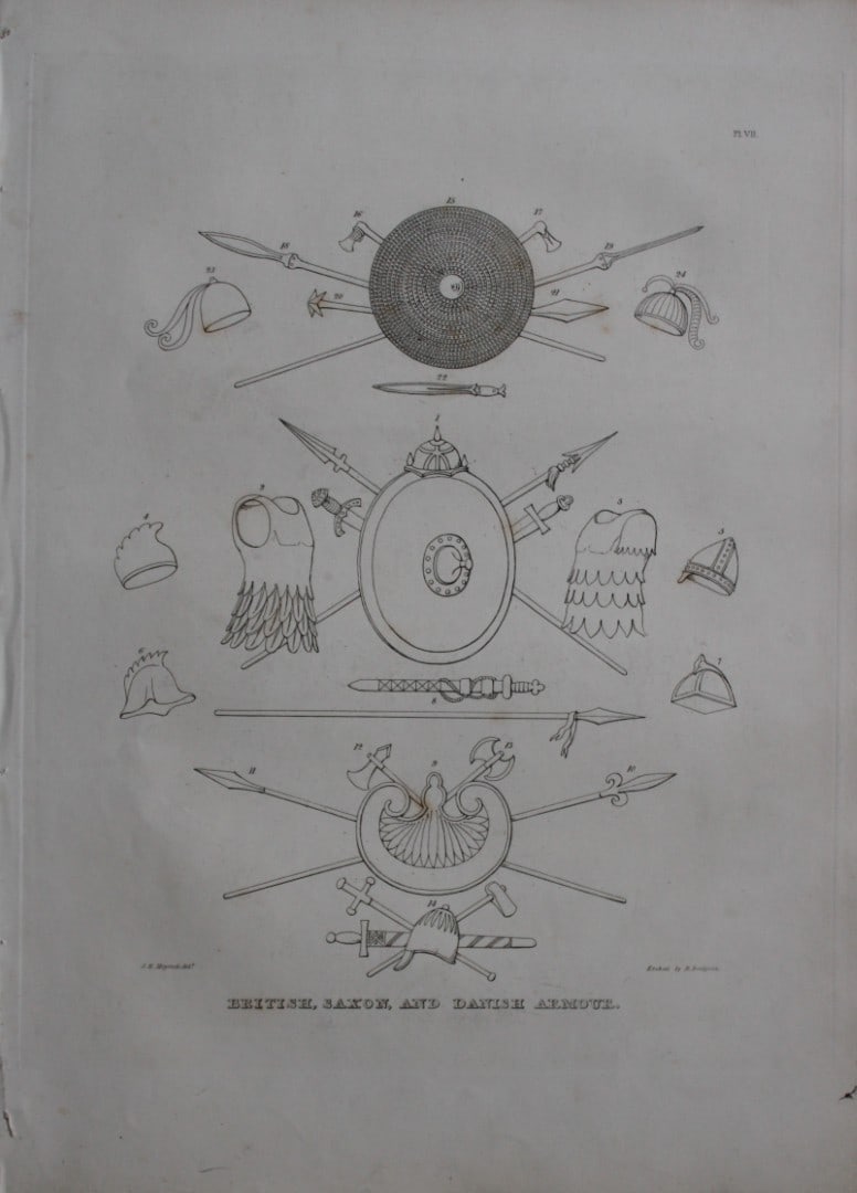 Saxon and Danish Armour by Samuel Meyrick 1842: This superb hand-coloured engraving of Saxon and Danish Armour by Samuel Meyrick 1842 from the 1842 enlarged folio edition of A Critical Inquiry into Antient Armour, as it existed in Europe, particula