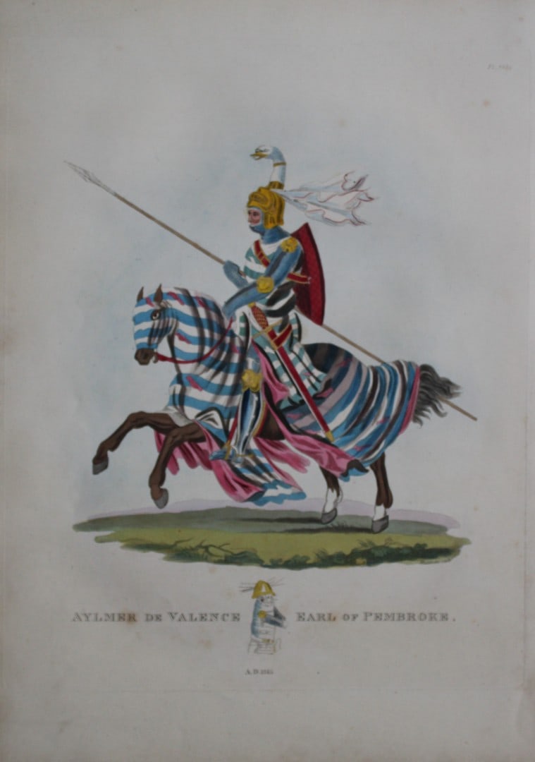 Aylmer de Valence Earl of Pembroke by Samuel Meyrick 1842: This superb hand-coloured engraving of Aylmer de Valence Earl of Pembroke by Samuel Meyrick 1842 from the 1842 enlarged folio edition of A Critical Inquiry into Antient Armour, as it existed in Europe