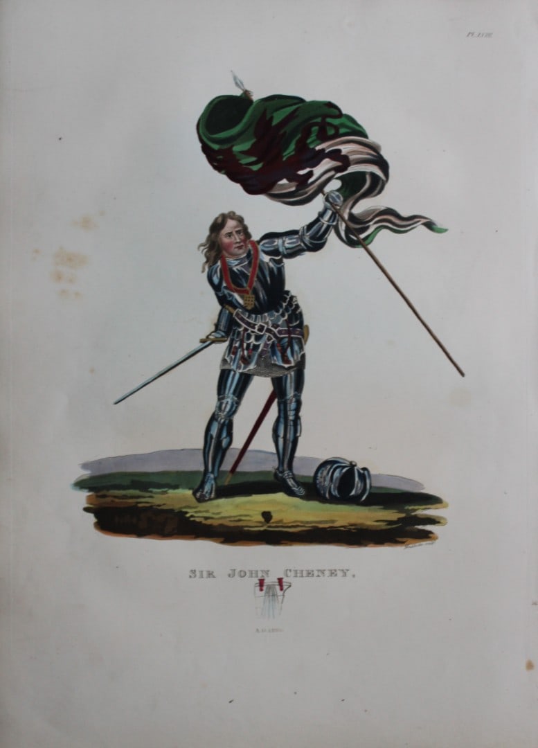 Sir John Cheney by Samuel Meyrick 1842: This superb hand-coloured engraving of Sir John Cheney by Samuel Meyrick 1842 from the 1842 enlarged folio edition of A Critical Inquiry into Antient Armour, as it existed in Europe, particularly in G