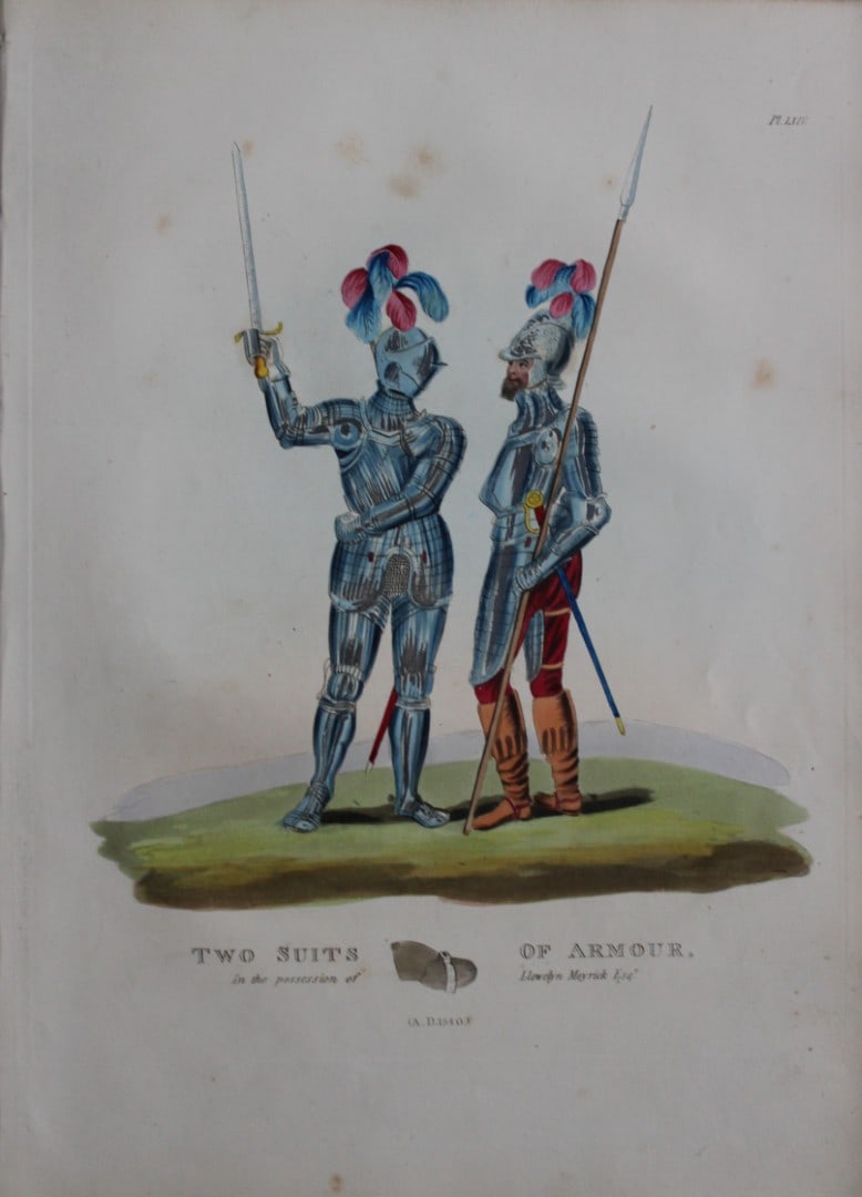 Two Suits of Armour by Samuel Meyrick 1842: This superb hand-coloured engraving of Two Suits of Armour by Samuel Meyrick 1842 from the 1842 enlarged folio edition of A Critical Inquiry into Antient Armour, as it existed in Europe, particularly