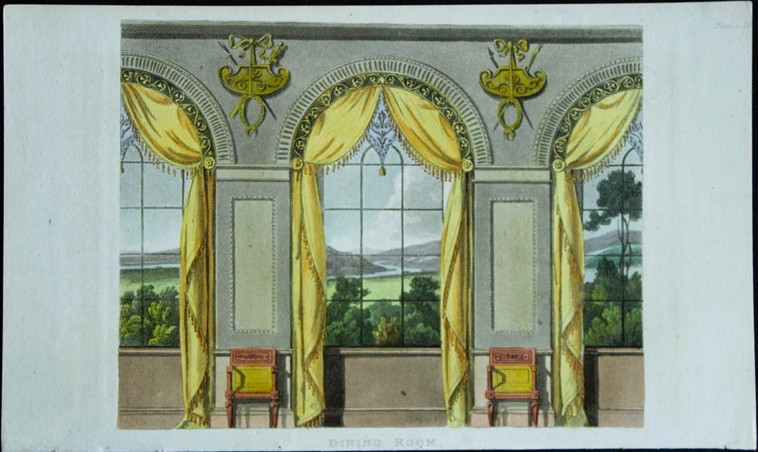 R Ackermann - Hand coloured engraving of a dining room 1816: This original hand coloured aquatint engraving is from Rudolf Ackermann's Repository of Arts, Literature, Fashions, Manufactures etc. Published 1 January 1816, London. Size: 5.4in x 9in (13.8cm x 22.5