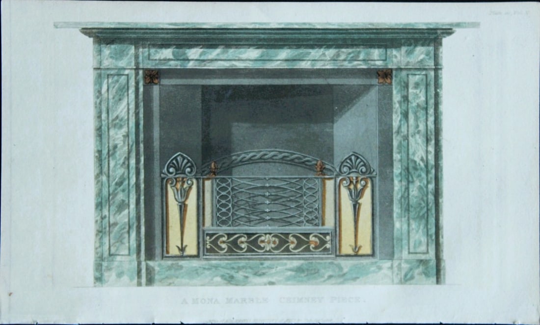 R Ackermann - Hand coloured engraving of a fireplace 1816: This original hand coloured aquatint engraving is from Rudolf Ackermann's Repository of Arts, Literature, Fashions, Manufactures etc. Published 1 January 1816, London. Size: 5.4in x 9in (13.8cm x 22.5