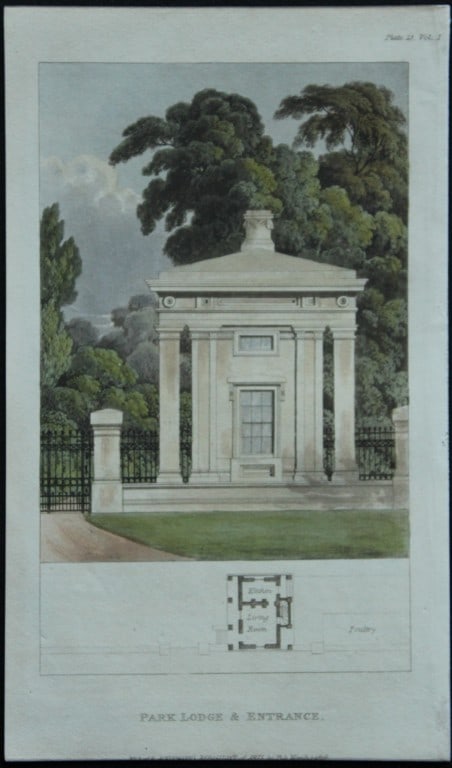 R Ackermann - Hand coloured engraving of Park Lodge and Entrance 1816: This original hand coloured aquatint engraving is from Rudolf Ackermann's Repository of Arts, Literature, Fashions, Manufactures etc. Published 1 January 1816, London. Size: 5.4in x 9in (13.8cm x 22.5