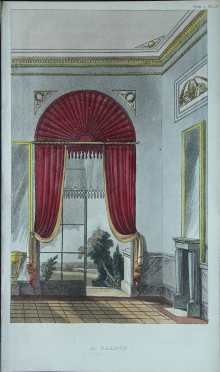 R Ackermann - Hand coloured engraving of a Victorian room 1816: This original hand coloured aquatint engraving is from Rudolf Ackermann's Repository of Arts, Literature, Fashions, Manufactures etc. Published 1 January 1816, London. Size: 5.4in x 9in (13.8cm x 22.5