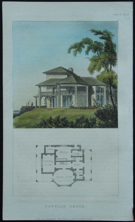 R Ackermann - Hand coloured engraving of Cottage Ornee 1816: This original hand coloured aquatint engraving is from Rudolf Ackermann's Repository of Arts, Literature, Fashions, Manufactures etc. Published 1 January 1816, London. Size: 5.4in x 9in (13.8cm x 22.5